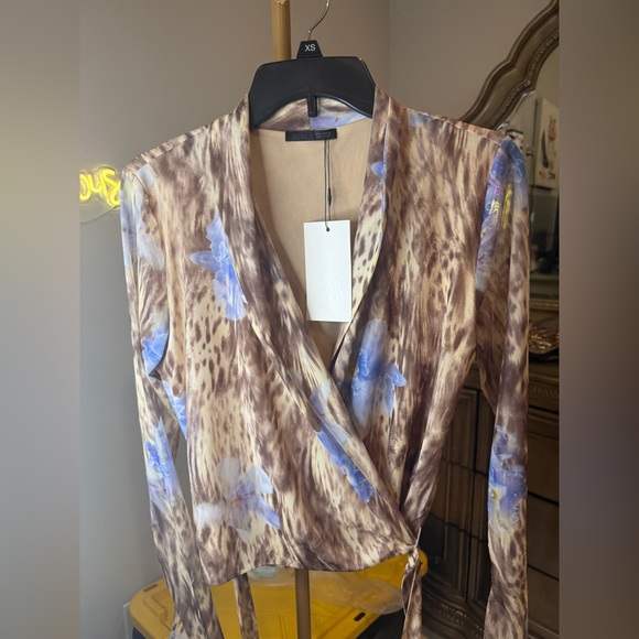 Zara Tops - Zara Brown Animal Print Wrap around Blouse with Blue Floral Details